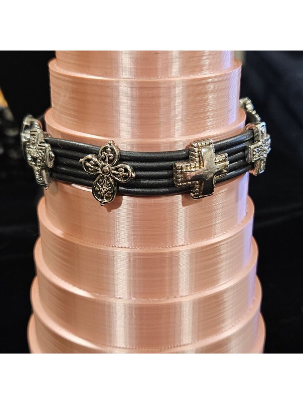 Brighton Silver Cross & Floral Charms Black cord Bracelet 7" Magnetic Clasp - Picture 3 of 4